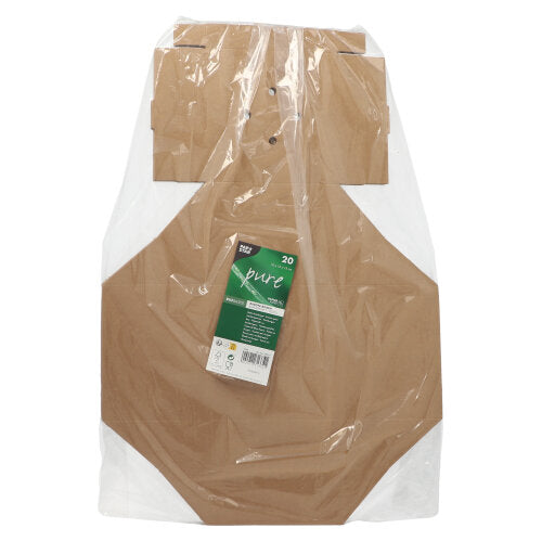 Una confezione da 20 PAPSTAR scatole per hamburger in cartone "puro" della PAPSTAR GmbH, parzialmente avvolta in pellicola trasparente con etichetta verde-bianca - ideale per il trasporto ecologico e nel design simile ai sacchetti a camicia.