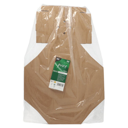 Una confezione da 20 PAPSTAR scatole per hamburger in cartone "puro" della PAPSTAR GmbH, parzialmente avvolta in pellicola trasparente con etichetta verde-bianca - ideale per il trasporto ecologico e nel design simile ai sacchetti a camicia.