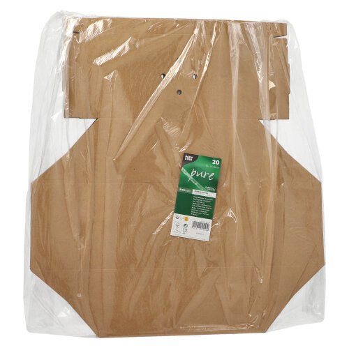 Una pila di scatole per hamburger piatte e marroni PAPSTAR 20, cartone "puro" della PAPSTAR GmbH è avvolta in pellicola trasparente e porta un'etichetta verde-bianca con informazioni sul prodotto sul davanti.