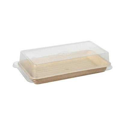 Lo Starpak 10 Vassoi Sushi in foglia di palma rettangolari con coperchio rPET "Kombipack" dispone di una base rettangolare beige in foglia di palma e un coperchio rPET trasparente, raffigurato su uno sfondo bianco.