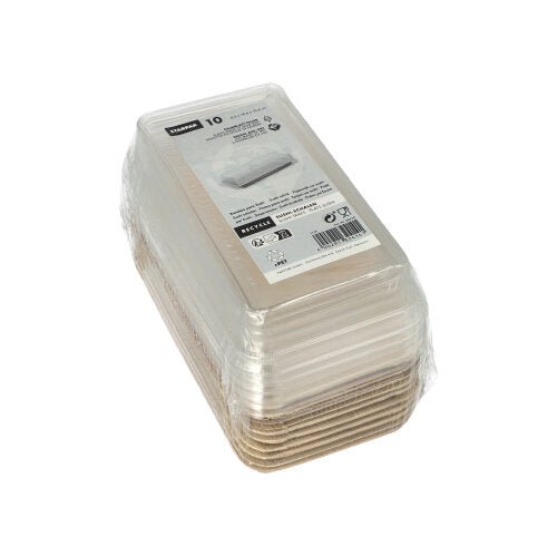 Lo Starpak 10 Vassoi Sushi in foglia di palma rettangolari con coperchio rPET "Kombipack" offre vassoi rettangolari con coperchio, ideali per servire e conservare comodamente il sushi o per abbinarli al coperchio rPET corrispondente.