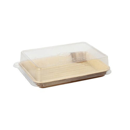 Lo Starpak 10 Vassoi Sushi in foglia di palma rettangolari con coperchio rPET "Kombipack" dispone di un vassoio rettangolare in foglia di palma con coperchio rPET chiaro, rappresentato su uno sfondo bianco semplice.