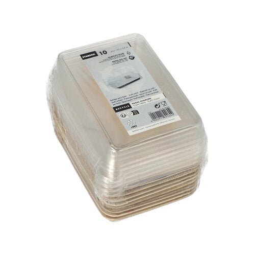 Una confezione di dieci contenitori per alimenti Starpak 10 Vassoi Sushi in foglia di palma rettangolari in marrone, ciascuno con un coperchio rPET trasparente ("Kombipack"), avvolti in plastica e dotati di un'etichetta informativa sul prodotto sulla parte superiore.