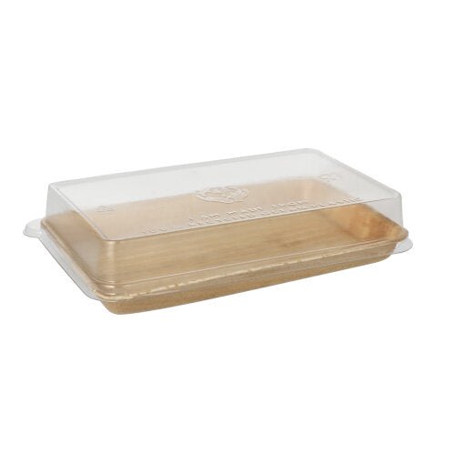 Lo Starpak 10 Vassoi Sushi in foglia di palma rettangolari con coperchio rPET "Kombipack" è un contenitore per alimenti rettangolare trasparente in plastica con un coperchio trasparente rPET del marchio Starpak, raffigurato vuoto su uno sfondo bianco semplice.