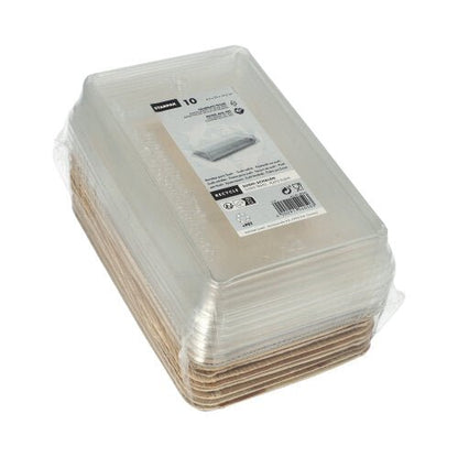 Starpak 10 Vassoi Sushi in foglia di palma rettangolari con coperchio rPET "Kombipack": Dieci contenitori rettangolari in foglia di palma con basi marroni e coperchi rPET, etichettati con informazioni sul prodotto e sul riciclo - ideali per piatti di sushi freschi.