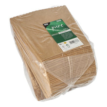 Una pila di scatole di popcorn marroni PAPSTAR (19,7x7x7 cm, 100 pezzi) è confezionata in plastica trasparente con un'etichetta verde-bianca - ideale per la prossima serata al cinema.