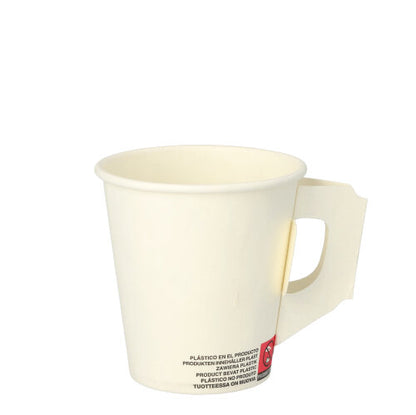 Il bicchiere Starpak 80 è un semplice bicchiere di carta monouso bianco con manico piatto e una piccola etichetta multilingue sul fondo - ideale come bicchiere monouso per feste. Marca: Starpak. Lo sfondo è semplicemente bianco.