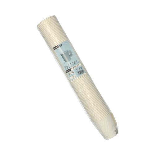 Una confezione sigillata con 80 bicchieri di carta monouso Starpak bianchi con manico (bicchiere, cartone con manico) viene fornita impilata con un'etichetta blu con dettagli del prodotto e un'illustrazione del bicchiere - ideale per feste.