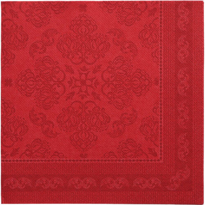 Die PAPSTAR 50 Servietten "ROYAL Collection" 1/4-Falz 40 x 40 cm in bordeaux zeichnen sich durch eine quadratische Form mit geprägten floralen und geometrischen Mustern, einen dunkleren roten Rand und ein raffiniertes, symmetrisches Design aus - Premiumqualität der PAPSTAR GmbH.