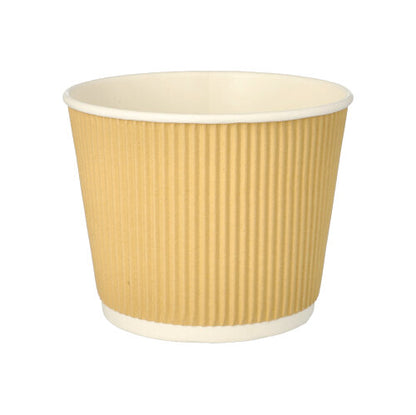 Un PAPSTAR bicchiere da zuppa rotondo (13,5 cm) Ripple Wall, marrone/bianco, 998 ml, di PAPSTAR GmbH è raffigurato su uno sfondo bianco. Venduto in confezioni da 25 pezzi.