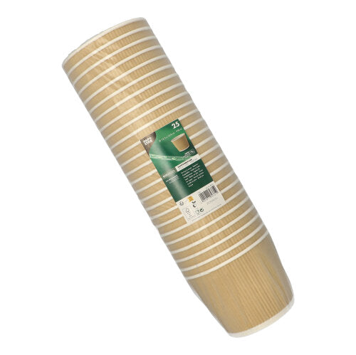 Una pila di 25 PAPSTAR bicchieri da zuppa rotondi, marrone/bianco, Ripple Wall (13,5 cm) di PAPSTAR GmbH, in pellicola di plastica con etichetta informativa verde.