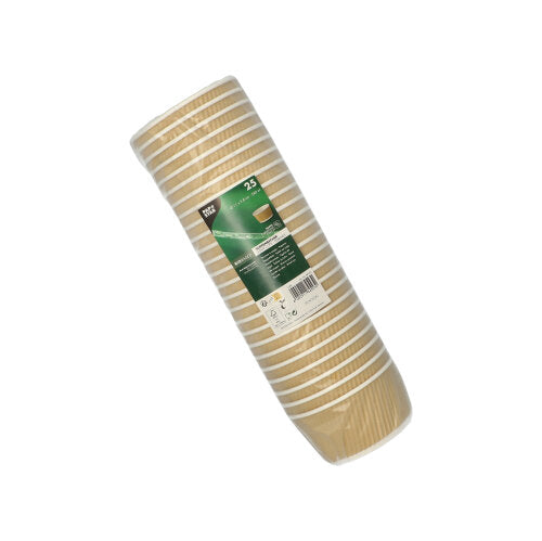Die Packung der PAPSTAR GmbH enthält 25 runde, 380 ml fassende braun-weiße Ripple Wall Paper Suppenbecher (Ø 11 cm, H 5,8 cm) in Klarsichtfolie – ideal für Catering-Events.