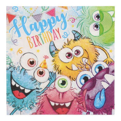 Un biglietto di compleanno vivacemente illustrato con cinque mostri cartoon e "Happy Birthday" in blu e giallo si abbina perfettamente ai PAPSTAR GmbH 20 tovaglioli, 33 cm x 33 cm, 3 strati, Design Set 4.