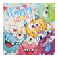 Un biglietto di compleanno vivacemente illustrato con cinque mostri cartoon e "Happy Birthday" in blu e giallo si abbina perfettamente ai PAPSTAR GmbH 20 tovaglioli, 33 cm x 33 cm, 3 strati, Design Set 4.