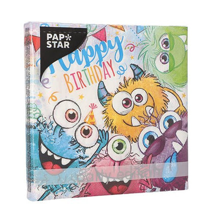 Una pila di PAPSTAR tovaglioli a 3 strati (20 pezzi, 33x33 cm, Set 4) con mostri cartoon, coriandoli e "Happy Birthday" - Ideali come decorazione della tavola. In alto a sinistra è visibile un'etichetta nera "PAP STAR" del marchio PAPSTAR GmbH.