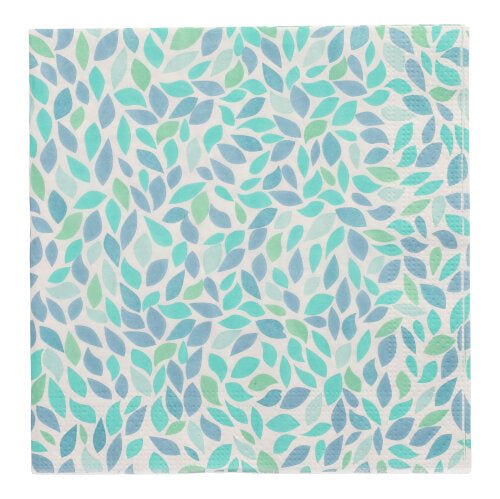 I PAPSTAR 20 tovaglioli, 33 cm x 33 cm, 3 veli, della PAPSTAR GmbH (design set 5), mostrano foglie sovrapposte blu, blu-verdi e verde chiaro su sfondo bianco.