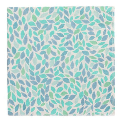 I PAPSTAR 20 tovaglioli, 33 cm x 33 cm, 3 veli, della PAPSTAR GmbH (design set 5), mostrano foglie sovrapposte blu, blu-verdi e verde chiaro su sfondo bianco.