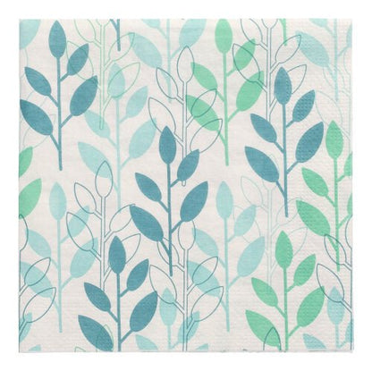 I 20 tovaglioli PAPSTAR, 33x33 cm, 3 strati di PAPSTAR GmbH con motivo a foglie blu e verdi su sfondo bianco sono ideali come tovaglioli eleganti per ogni occasione.