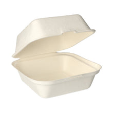 Eine weiße, rechteckige PAPSTAR Hamburger-Box aus Zuckerrohr (8x14x15 cm), umweltfreundlich, mit Klappdeckel von PAPSTAR GmbH (Karton: 500 Stück), geöffnet und leer vor weißem Hintergrund abgebildet.