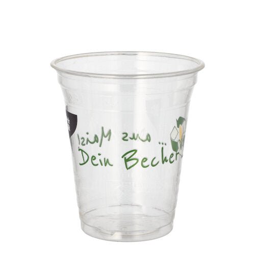 Un trasparente PAPSTAR 50 bicchieri PLA "Bicchiere di mais" della PAPSTAR GmbH con la scritta verde "Il tuo bicchiere" sul lato è vuoto e visibile su uno sfondo bianco semplice.