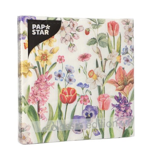 Il set di 20 tovaglioli PAPSTAR GmbH Set 4 contiene tovaglioli quadrati a 3 strati (33x33 cm) con un colorato motivo floreale di tulipani, gigli e viole del pensiero su sfondo bianco.