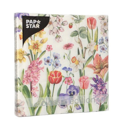 Il set di 20 tovaglioli PAPSTAR GmbH Set 4 contiene tovaglioli quadrati a 3 strati (33x33 cm) con un colorato motivo floreale di tulipani, gigli e viole del pensiero su sfondo bianco.