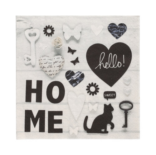 PAPSTAR 20 tovaglioli, 33x33cm, 3 strati, Design Set 4: Incantevoli tovaglioli di PAPSTAR GmbH con "HOME", cuori in bianco e nero, farfalle, fiori, chiave, rosa e silhouette di gatto; "hello!" appare in un cuore nero.
