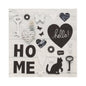 PAPSTAR 20 tovaglioli, 33x33cm, 3 strati, Design Set 4: Incantevoli tovaglioli di PAPSTAR GmbH con "HOME", cuori in bianco e nero, farfalle, fiori, chiave, rosa e silhouette di gatto; "hello!" appare in un cuore nero.