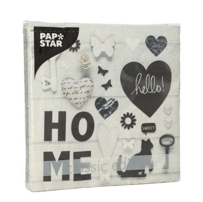 Una confezione di 20 tovaglioli PAPSTAR GmbH, a 3 strati, 33 x 33 cm, Design Set 4 con "HOME", "hello!", cuori, farfalle, una chiave, silhouette di gatto e motivi di rose in bianco e grigio sul davanti.