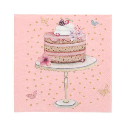 Una torta a 3 strati con glassa rosa, panna montata, bacche e fiori su un supporto, davanti a uno sfondo rosa con punti dorati e farfalle - ideale per PAPSTAR GmbH 20 tovaglioli 33 cm x 33 cm 3 strati Design Set 1.