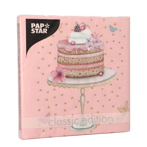 Una confezione di PAPSTAR GmbH 20 tovaglioli, 33x33 cm, 3 strati, con un motivo di torta, bacche, fiori, punti dorati e farfalle; sulla confezione sono stampati "classic edition" e "PAP STAR".
