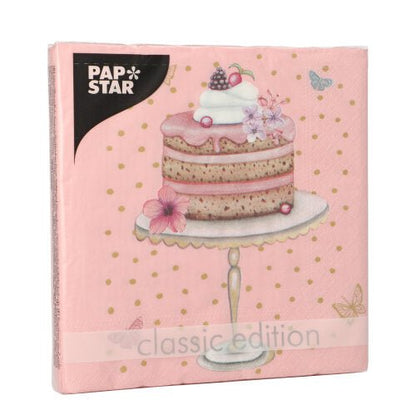 Una confezione di PAPSTAR GmbH 20 tovaglioli, 33x33 cm, 3 strati, con un motivo di torta, bacche, fiori, punti dorati e farfalle; sulla confezione sono stampati "classic edition" e "PAP STAR".