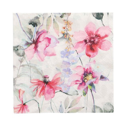 I 20 tovaglioli PAPSTAR, 33x33 cm, 3 strati della PAPSTAR GmbH presentano un design floreale ad acquerello con fiori rosa e viola e foglie verdi su sfondo bianco.