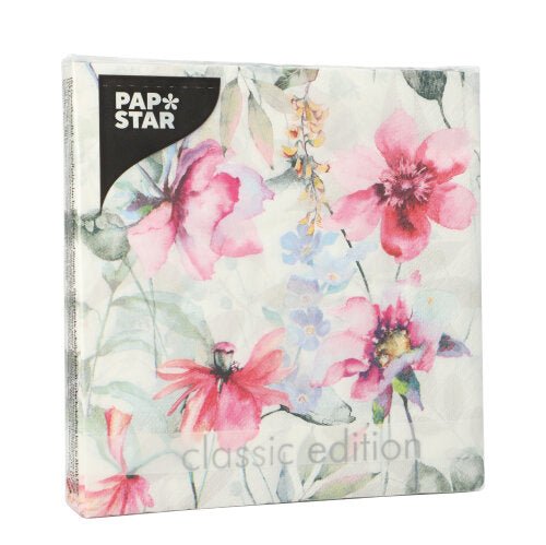 I 20 tovaglioli, Design Set 1, della PAPSTAR GmbH sono tovaglioli a 3 strati (33 cm x 33 cm, piegati in quattro) con una stampa floreale ad acquerello in rosa, rosso e viola su bianco.