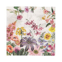 I PAPSTAR 20 tovaglioli, 33x33 cm, 3 veli, 1/4 piega (Design Set 4) della PAPSTAR GmbH presentano un motivo floreale colorato con fiori rosa, gialli, viola e arancioni su sfondo bianco.