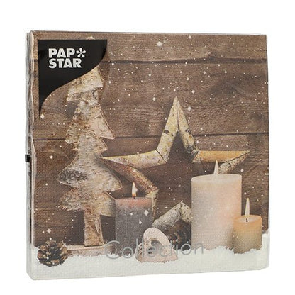 I PAPSTAR GmbH 20 tovaglioli, 33x33 cm, 3 veli, set 5 mostrano un design invernale rustico con candele e decorazioni in legno - durevoli e decorativi per occasioni festive.