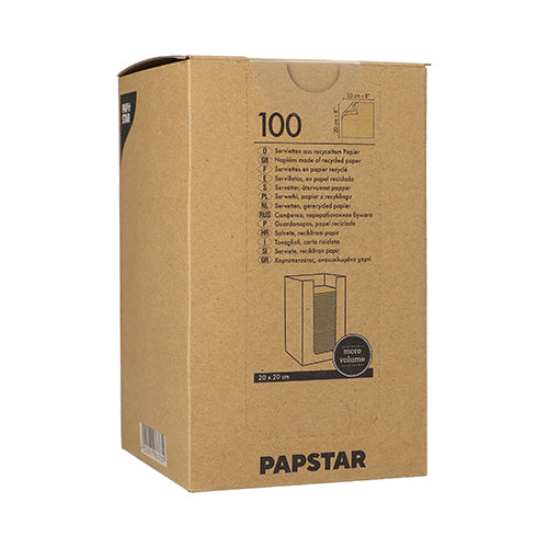 Una scatola marrone con la scritta "PAPSTAR GmbH" contiene 100 tovaglioli PAPSTAR 1/4 piega in carta riciclata, 20x20 cm naturali, con testo multilingue e un'immagine semplice della pila di tovaglioli sulla scatola.