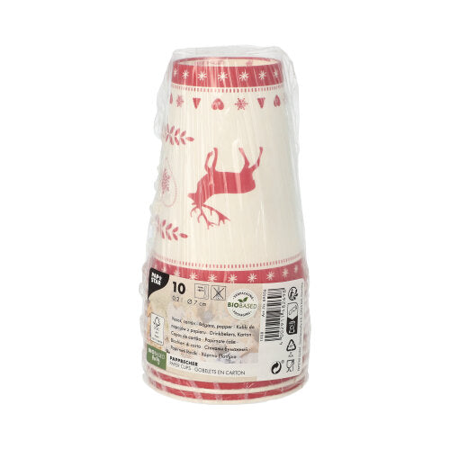 Ein Stapel von 10 Pappbechern (Pappe, 0,2 L, Ø 7 cm, 9,7 cm) der PAPSTAR GmbH mit festlichem roten Weihnachtsaufdruck ist in transparentem Kunststoff verpackt; sichtbare Etiketten und Recyclingsymbole auf der Vorderseite.