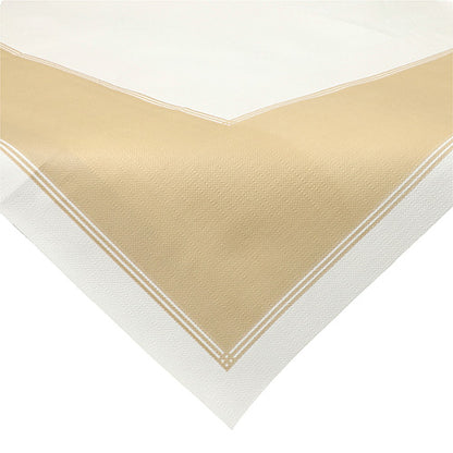 Eine Nahaufnahme der Starpak 20 Mitteldecken, stoffähnlich Vlies-Tischdecke „soft selection plus“ (80 x 80 cm) zeigt eine beige Mitte mit weißen Rändern, einem dezenten Strukturmuster und dünnen weißen Linien, die den beigen Bereich umranden.
