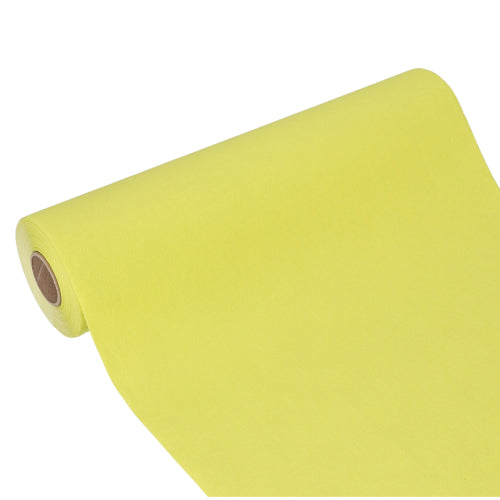 Eine große Rolle PAPSTAR Tischläufer, Tissue „ROYAL Collection“ (24m x 40cm) der PAPSTAR GmbH ist teilweise abgerollt und zeigt die glatte Tissue-Oberfläche sowie den zylindrischen Kartonkern an einem Ende.