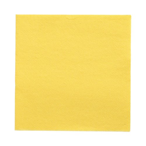 Un singolo tovagliolo giallo PAPSTAR 50 tovaglioli "DAILY Collection", 32 x 32 cm, è disteso su un fondo bianco e presenta il suo motivo strutturato discreto per una decorazione da tavola elegante.