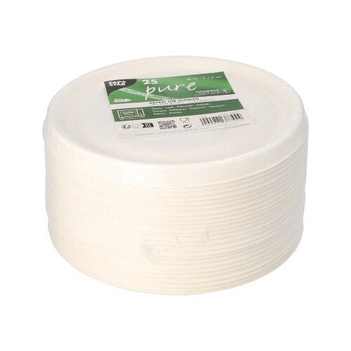 Una pila di 25 coperchi "pure" bianchi PAPSTAR per ciotole di canna da zucchero (Ø 17 cm), confezionati in pellicola trasparente con marchio - ideale per la ristorazione comoda ed ecologica della PAPSTAR GmbH.