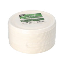 Ein Stapel von 25 weißen PAPSTAR "pure"-Deckeln für Zuckerrohrschalen (Ø 17 cm), verpackt in Klarsichtfolie mit Branding - ideal für die bequeme und umweltfreundliche Gastronomie der PAPSTAR GmbH.