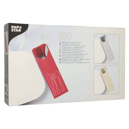 Una scatola con 100 PAPSTAR tasche per posate (23,5 x 7,3 cm) con tovaglioli da bistrot colorati, ciascuno con scomparti per posate - ideale per il settore gastronomico; dalla PAPSTAR GmbH.