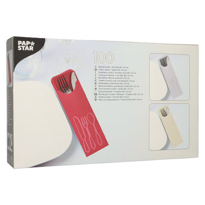 Una scatola con 100 PAPSTAR tasche per posate (23,5 x 7,3 cm) con tovaglioli da bistrot colorati, ciascuno con scomparti per posate - ideale per il settore gastronomico; dalla PAPSTAR GmbH.