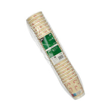 25 bicchieri "Candy Canes" (0,2 l, Ø 8 cm), bicchieri color crema a doppia parete con motivo a bastoncino di zucchero rosso della PAPSTAR GmbH in una confezione di plastica; le informazioni sul prodotto sono visibili sull'etichetta verde.