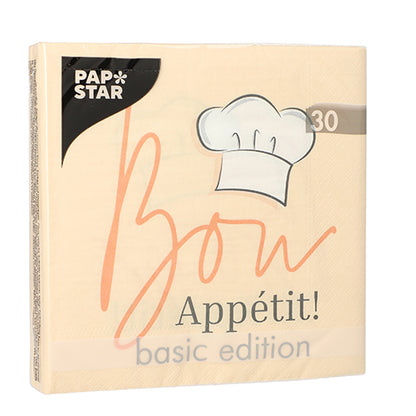 Eine beige Packung mit 30 Servietten, 3-lagig, 1/4-Falz (33x33 cm), „Guten Appetit! Basisedition“ der PAPSTAR GmbH ist mit einer Kochmützen-Illustration versehen und passt ideal zu jedem gedeckten Tisch.
