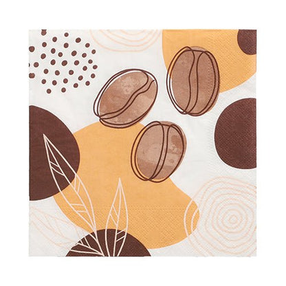 I PAPSTAR GmbH 20 tovaglioli, 33 cm x 33 cm, 3 veli dal design set 5 mostrano chicchi di caffè, cerchi astratti marroni e gialli, motivi a punti e foglie bordate di bianco su sfondo bianco.