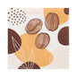 I PAPSTAR GmbH 20 tovaglioli, 33 cm x 33 cm, 3 veli dal design set 5 mostrano chicchi di caffè, cerchi astratti marroni e gialli, motivi a punti e foglie bordate di bianco su sfondo bianco.