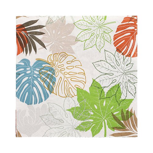 PAPSTAR GmbH 20 tovaglioli, 33x33 cm, 3 strati, Set di design 1: Tovaglioli di carta con motivo di foglie tropicali in verde, blu, arancione, marrone e beige su sfondo bianco. Alcune foglie sono colorate a pieno, altre solo contornate.